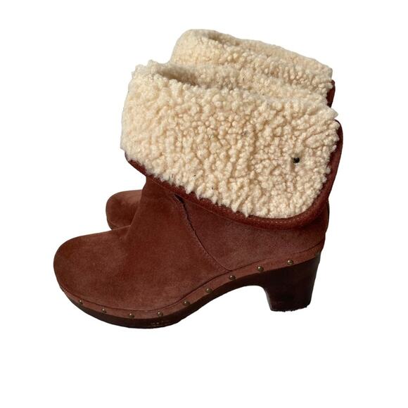 UGG Lynnea Chestnut Brown Suede Leather Shearling Wooden Heel Ankle Boots size 7 - Picture 2 of 11